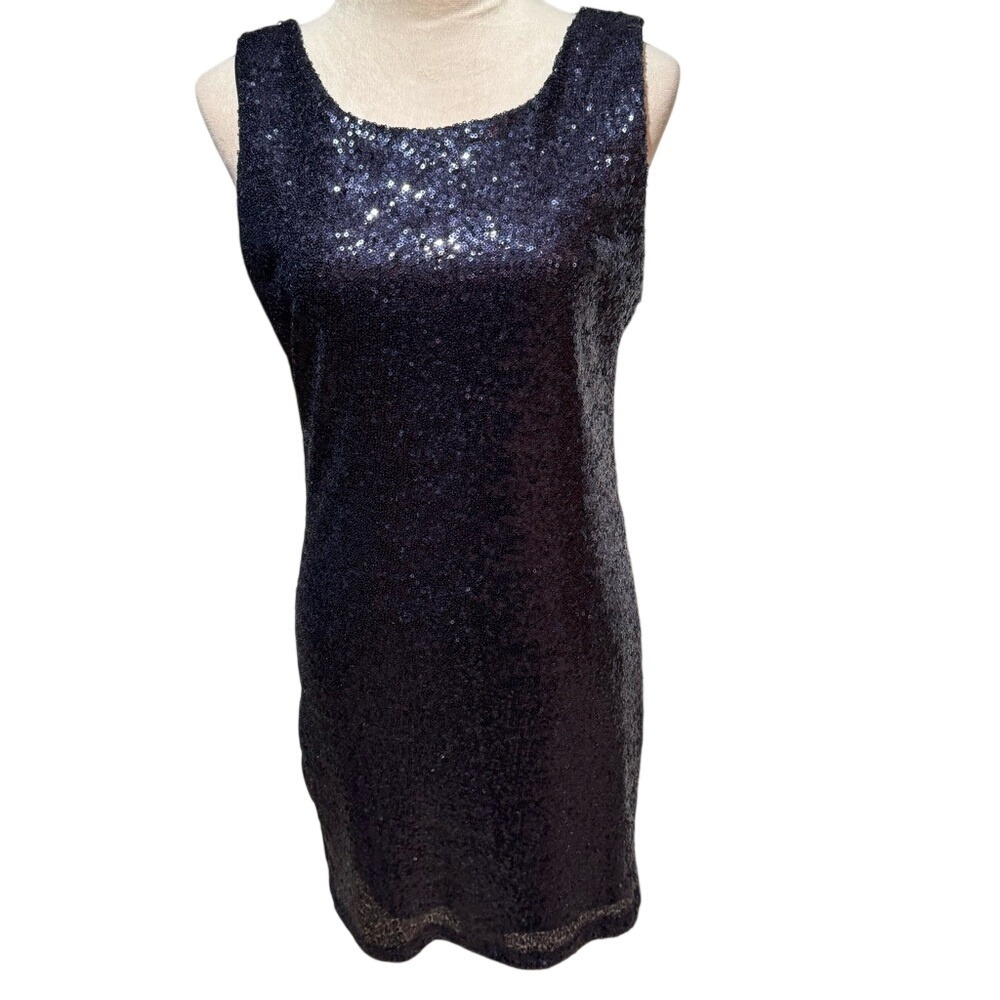CRYSTAL DOLL. Navy blue, sequined cocktail/evening dress. Sleeveless. Sz XL.